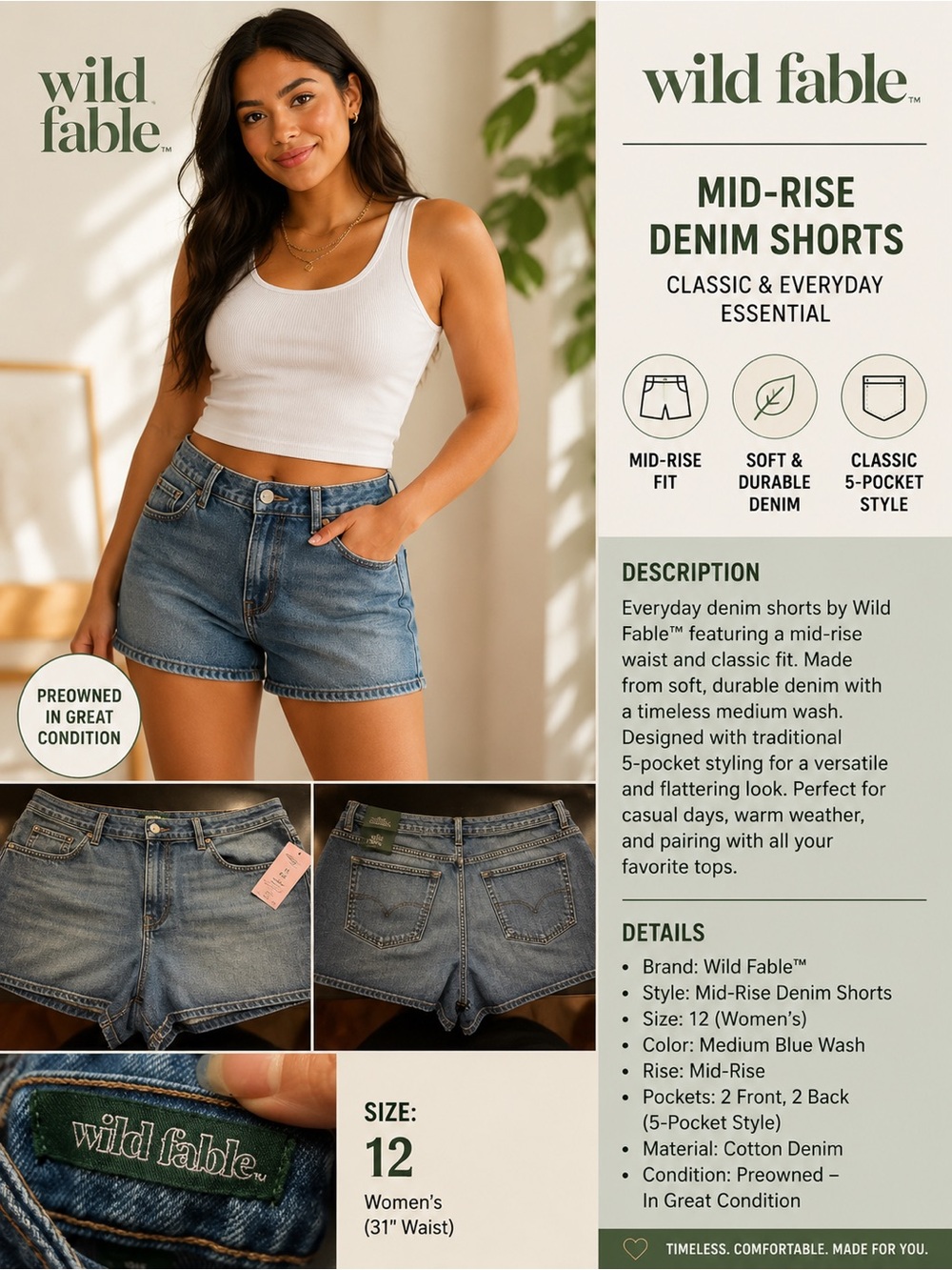 wild fable Medium Blue Mid-Rise Denim Shorts